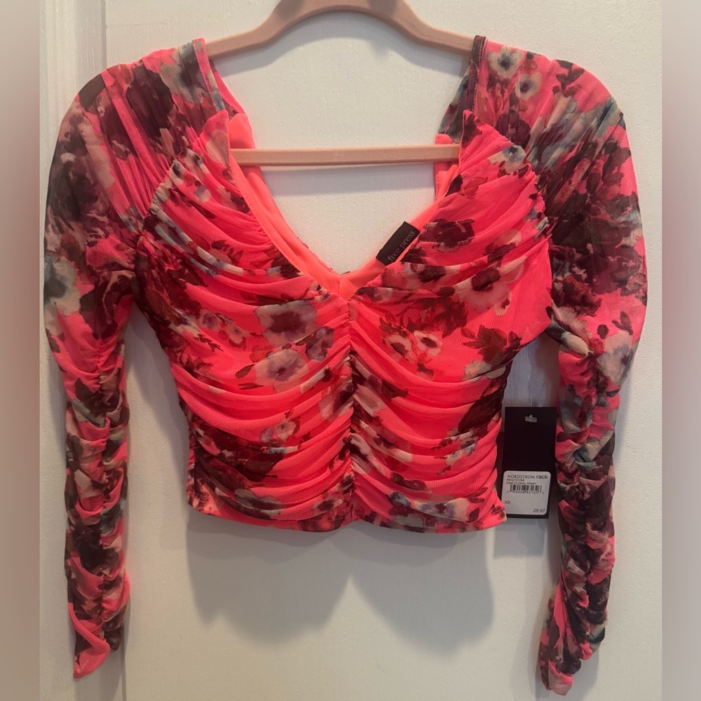 FREE PRESS CLOTHING Cropped Long Sleeve Ruched Top XS NWT Neon Pink